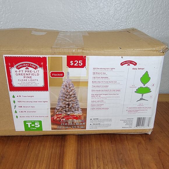 Holiday Time 4ft Flocked Greenfield Pine Christmas Tree PreLit 105 Clear T-5 New - Picture 3 of 9